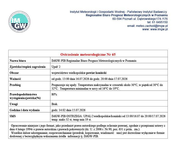 Ostrzeżenie meteorologiczne, upały od godz. 13:00 dnia 16.07.2026 do godz. 20:00 dnia 17.07.2026