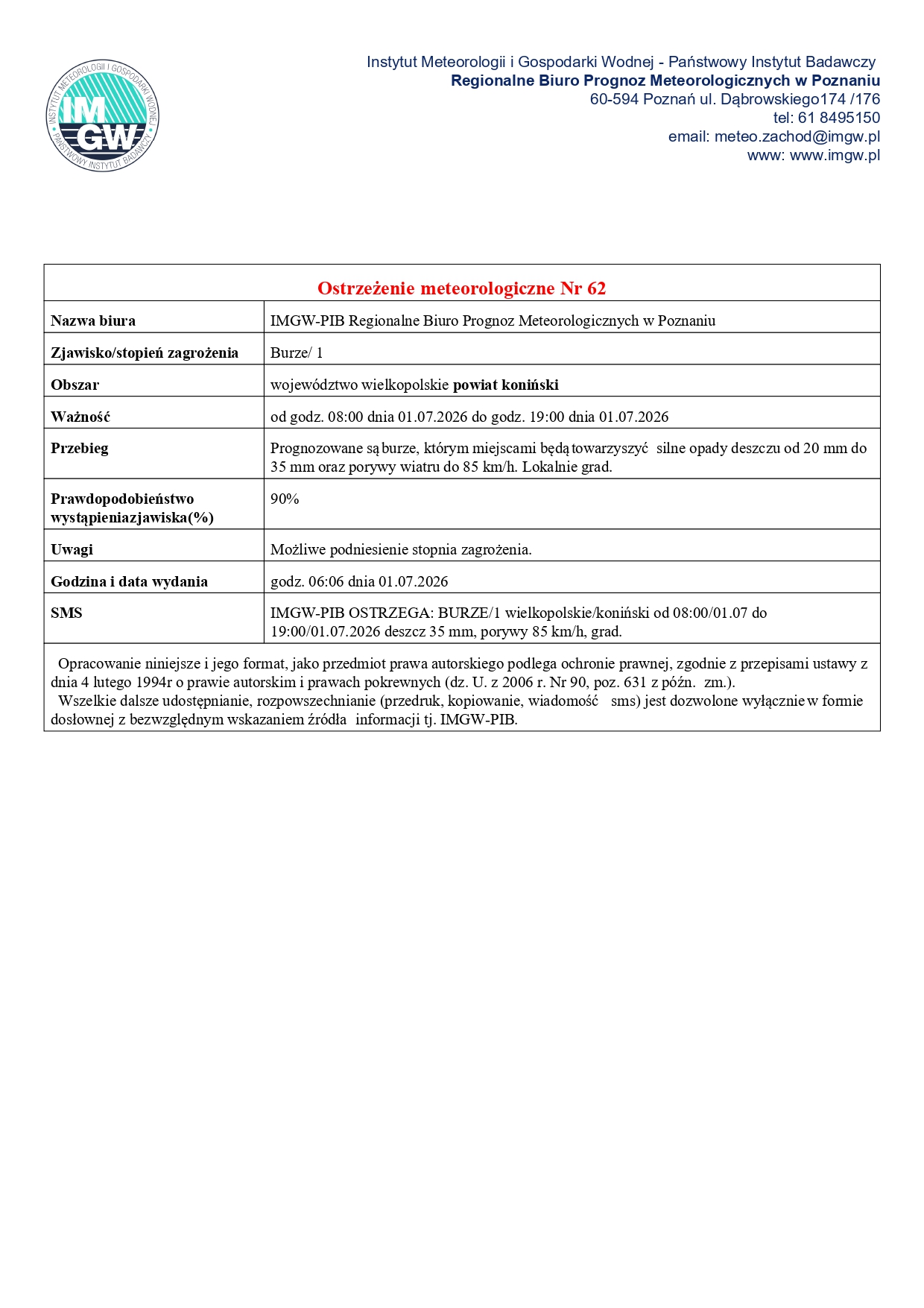 Grafika przedstawia ostrzeżenie meteorologiczne IMGW pierwszego stopnia przed burzami dla powiatu konińskiego. Ostrzeżenie obowiązuje 1 lipca 2026 r. w&nbsp;godzinach od 8:00 do 19:00. Prognozowane są burze z&nbsp;opadami deszczu od 20 do 35 mm, porywami wiatru do 85 km/h oraz&nbsp;lokalnie gradem. Prawdopodobieństwo wystąpienia zjawiska wynosi 90%. Możliwe jest podniesienie stopnia zagrożenia.
