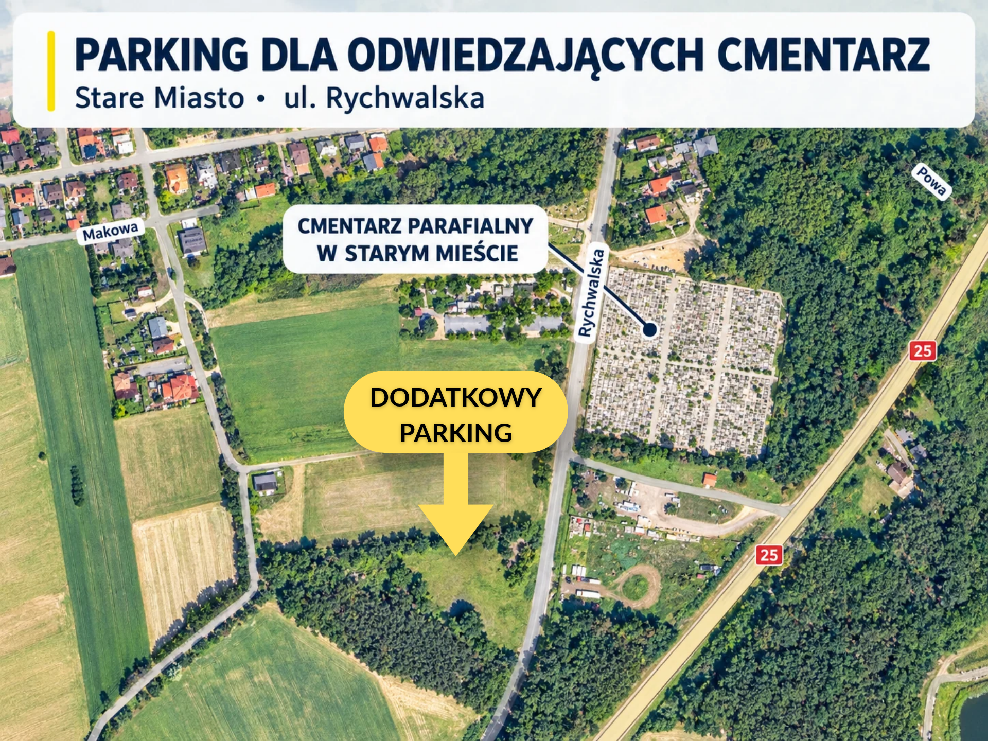 Mapa dodatkowego parkingu dla os&oacute;b odwiedzających cmentarz parafialny w&nbsp;Starym Mieście przy ul. Rychwalskiej. Ż&oacute;łta strzałka wskazuje lokalizację parkingu na&nbsp;terenie zielonym w&nbsp;pobliżu cmentarza.