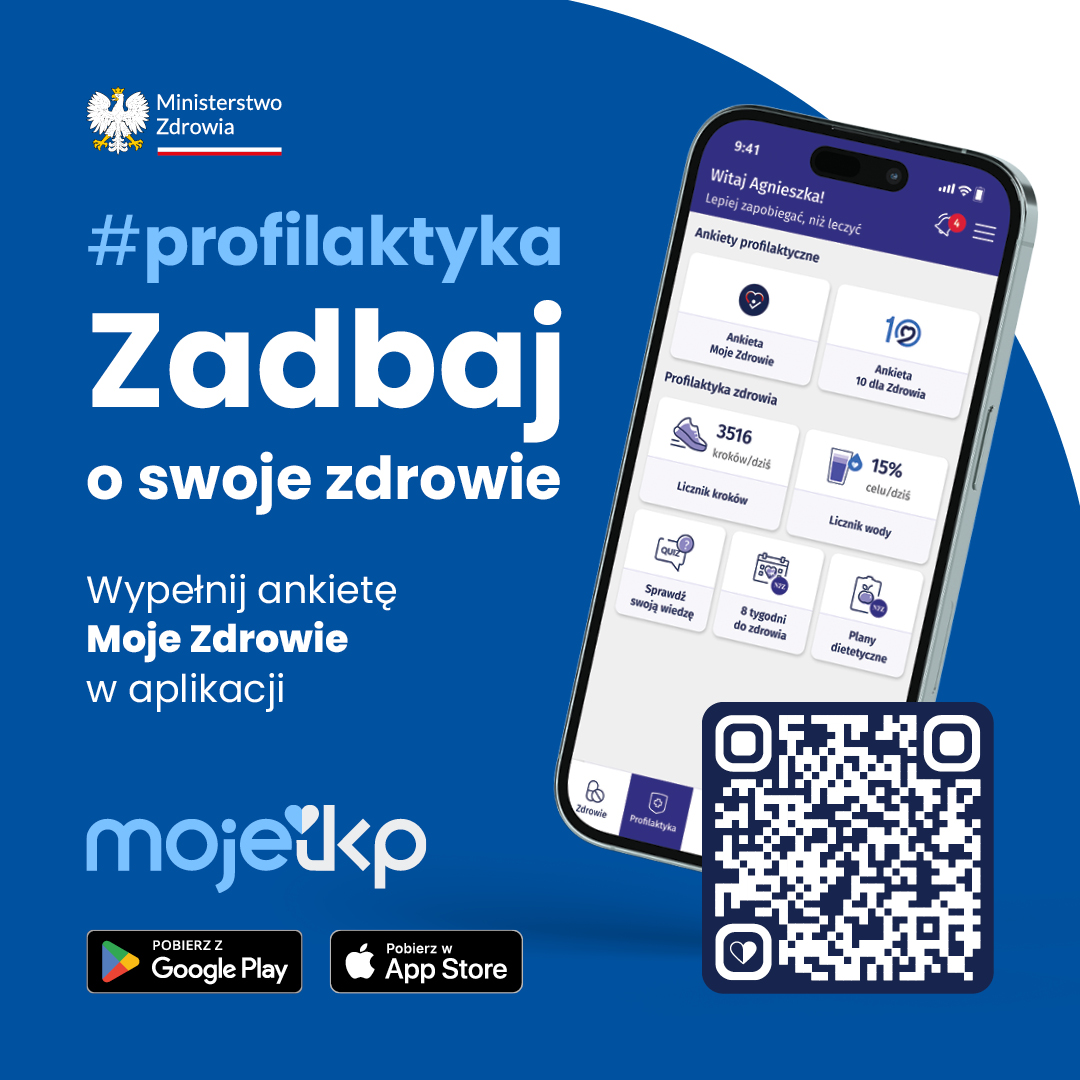Materiały promocyjne Ministerstwa Zdrowia zachęcające do wypełnienia ankiety &bdquo;Moje Zdrowie&rdquo; w&nbsp;aplikacji mojeIKP. Na grafice widoczny jest ekran smartfona z&nbsp;interfejsem aplikacji, kod QR do pobrania oraz&nbsp;logo sklep&oacute;w Google Play i&nbsp;App Store.
