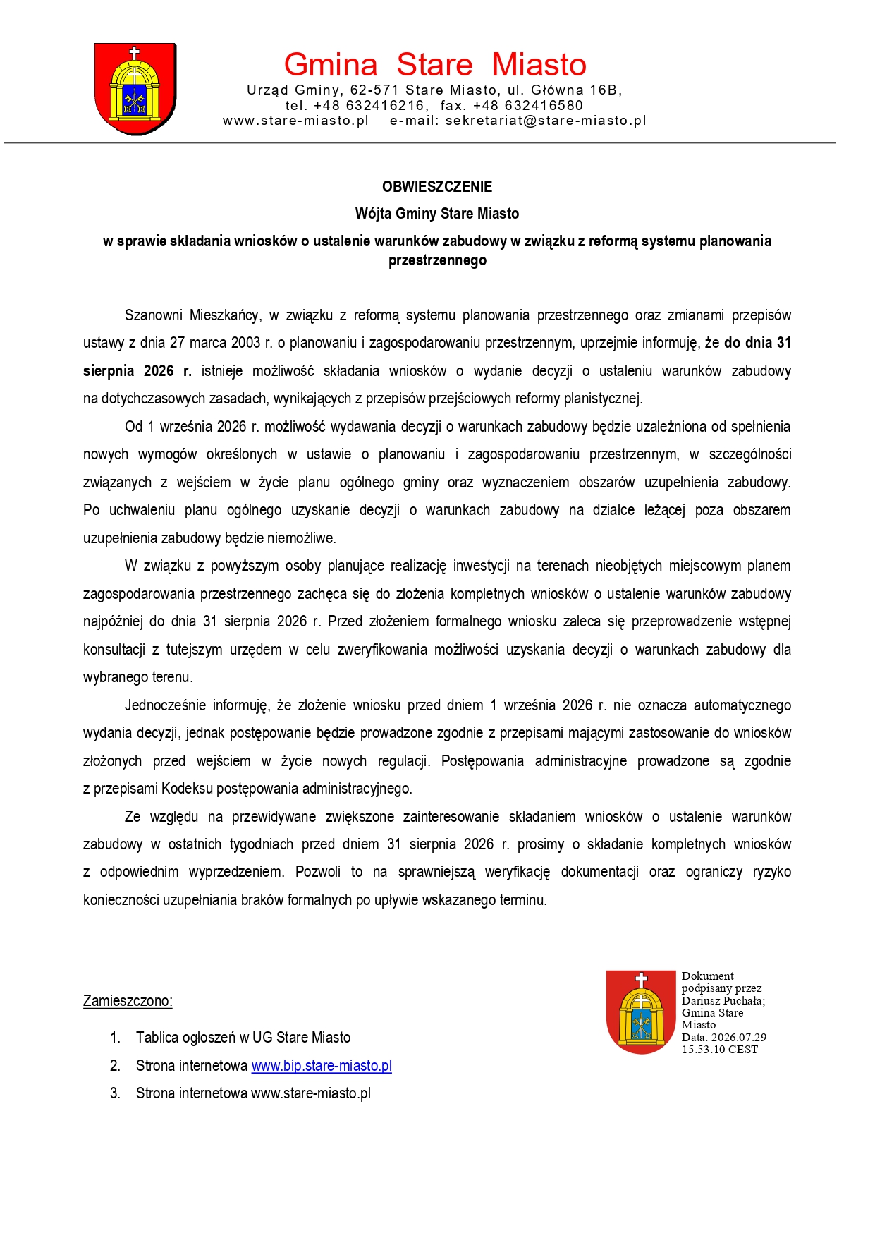 Obwieszczenie W&oacute;jta Gminy Stare Miasto dotyczące składania wniosk&oacute;w o&nbsp;ustalenie warunk&oacute;w zabudowy w&nbsp;związku z&nbsp;reformą systemu planowania przestrzennego. Dokument informuje, że&nbsp;do 31 sierpnia 2026 r. można składać kompletne wnioski na&nbsp;dotychczasowych zasadach. Od 1 września 2026 r. zaczną obowiązywać nowe wymogi związane m.in. z&nbsp;planem og&oacute;lnym gminy i&nbsp;obszarami uzupełnienia zabudowy. W&oacute;jt zachęca osoby planujące inwestycje na&nbsp;terenach nieobjętych miejscowym planem zagospodarowania przestrzennego do wcześniejszego kontaktu z&nbsp;urzędem i&nbsp;złożenia wniosku z&nbsp;odpowiednim wyprzedzeniem. Na grafice widoczne jest logo Gminy Stare Miasto oraz&nbsp;informacja o&nbsp;publikacji obwieszczenia na&nbsp;stronie internetowej gminy i&nbsp;w Biuletynie Informacji Publicznej.