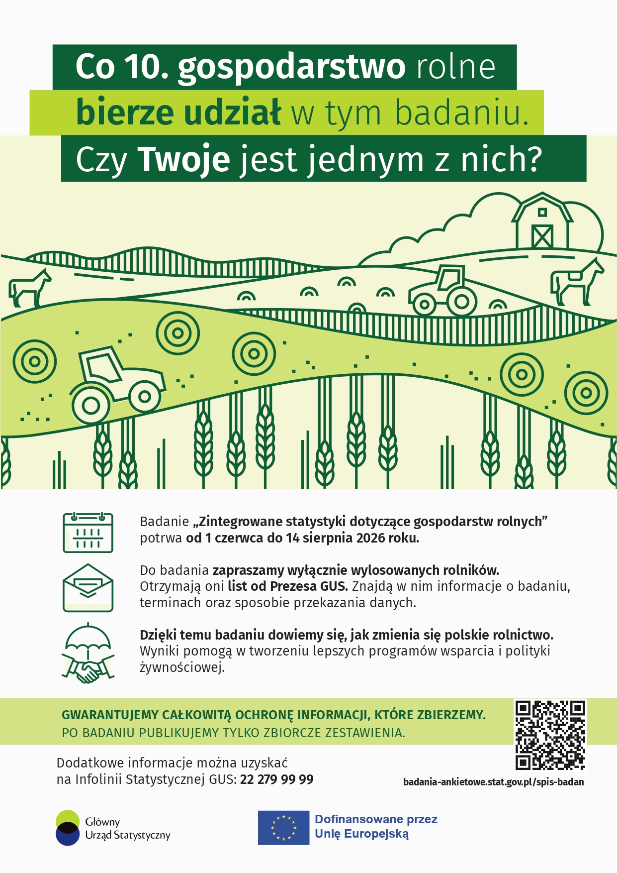Plakat promocyjny przedstawia informacje o&nbsp;badaniu GUS dotyczącym Zintegrowanych statystyk dotyczących gospodarstw rolnych. Utrzymany jest w&nbsp;tonacji biało-zielonej, widać pola i&nbsp;łąki jadący traktor i&nbsp;zwierzęta - w&nbsp;stylu kresk&oacute;wki