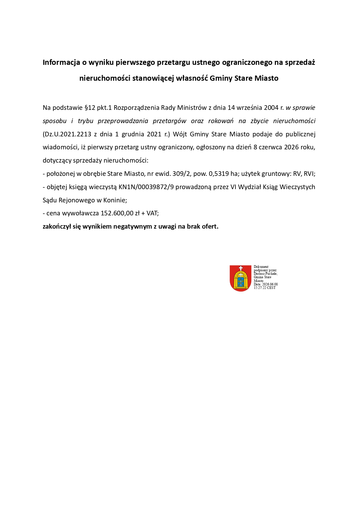 Na grafice znajduje się szczeg&oacute;łowa informacja dotycząca przetargu na&nbsp;sprzedaż działki. 