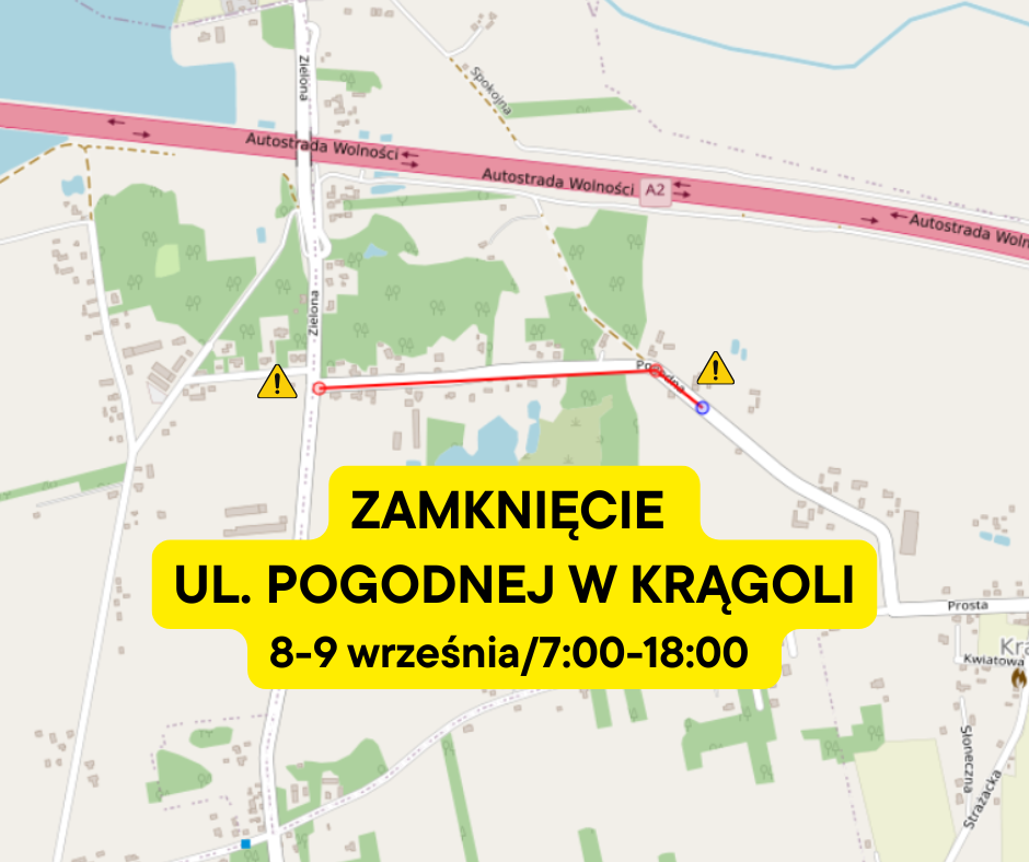Grafika informacyjna, ż&oacute;łte pole z&nbsp;czarnym napisem &bdquo;Zamknięcie ul. Pogodnej w&nbsp;Krągoli 8-9 września/7:00&ndash;18:00&rdquo;, poniżej mapa okolicy Krągoli z&nbsp;zaznaczonym na&nbsp;czerwono zamkniętym odcinkiem ulicy Pogodnej, przy końcach zamkniętego odcinka umieszczone ż&oacute;łte tr&oacute;jkątne znaki ostrzegawcze.