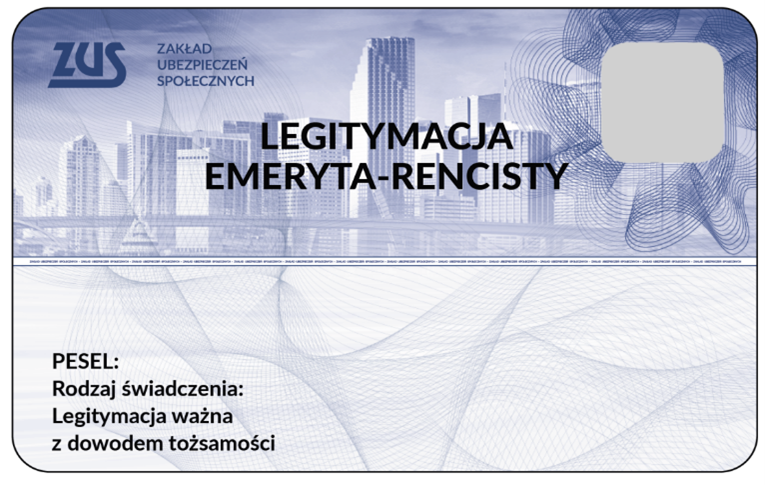 Awers legitymacji emeryta-rencisty wydawanej przez Zakład Ubezpieczeń Społecznych. Na karcie znajduje się logo ZUS, napis &bdquo;Legitymacja Emeryta-Rencisty&rdquo;, miejsce na&nbsp;zdjęcie oraz&nbsp;pola z&nbsp;numerem PESEL i&nbsp;rodzajem świadczenia. W dolnej części widnieje informacja, że&nbsp;legitymacja jest ważna z&nbsp;dokumentem tożsamości.
