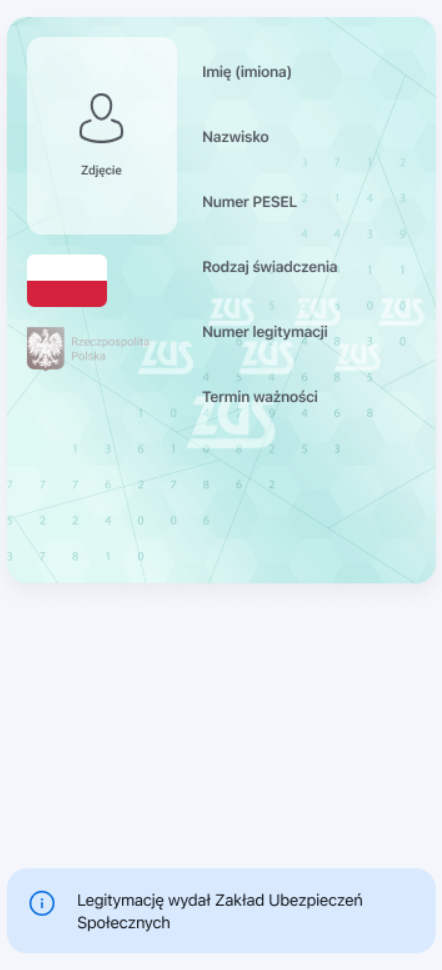 Legitymacja emeryta-rencisty wydawana przez Zakład Ubezpieczeń Społecznych. Na karcie znajdują się flaga i&nbsp;godło Polski, logo ZUS, miejsce na&nbsp;zdjęcie oraz&nbsp;pola z&nbsp;Imieniem (Imionami), Nazwiskiem, Numerem PESEL, Rodzajem świadczenia, Numerem legitymacji i&nbsp;Terminem ważności. W dolnej części widnieje informacja, że&nbsp;legitymacja została wydana przez ZUS. 