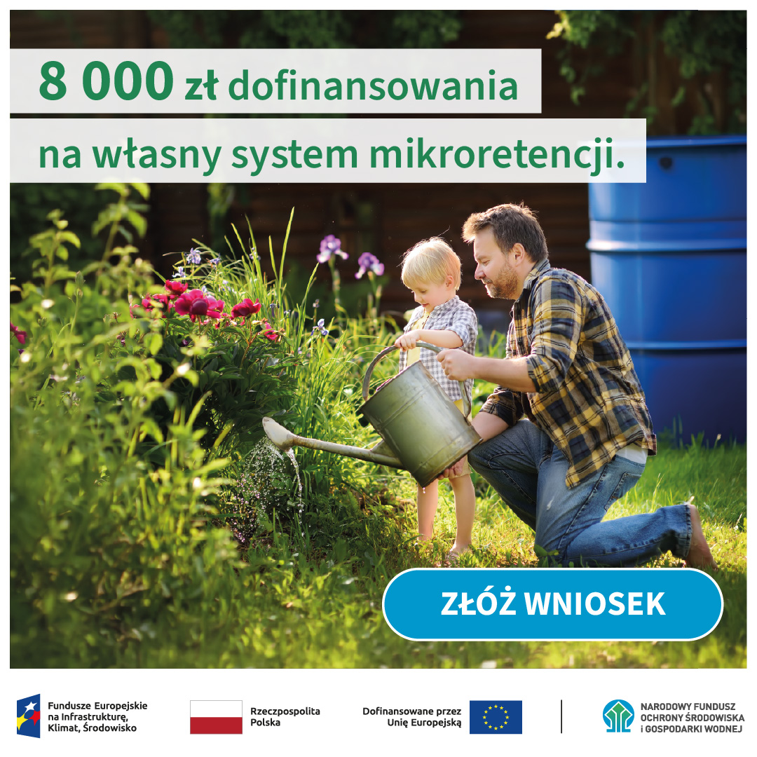 Na zdjęciu znajduje się grafika dotycząca programu Mikroretencja. Ojciec z&nbsp;synem podlewają kwiaty.  