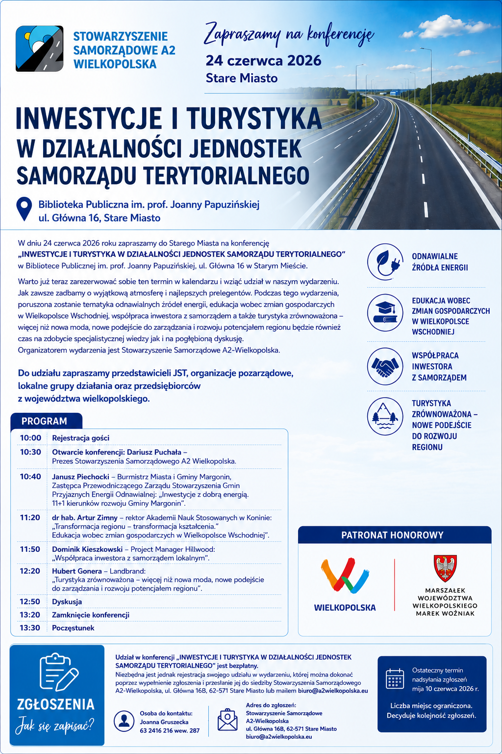Plakat informujący o&nbsp;Konferencji Stowarzyszenia Samorządowego A2-Wielkopolska. Na grafice widoczna jest autostrada. Wydarzenie odbędzie się 24 czerwca 2026 roku w&nbsp;Bibliotece Publicznej Gminy Stare Miasto.  