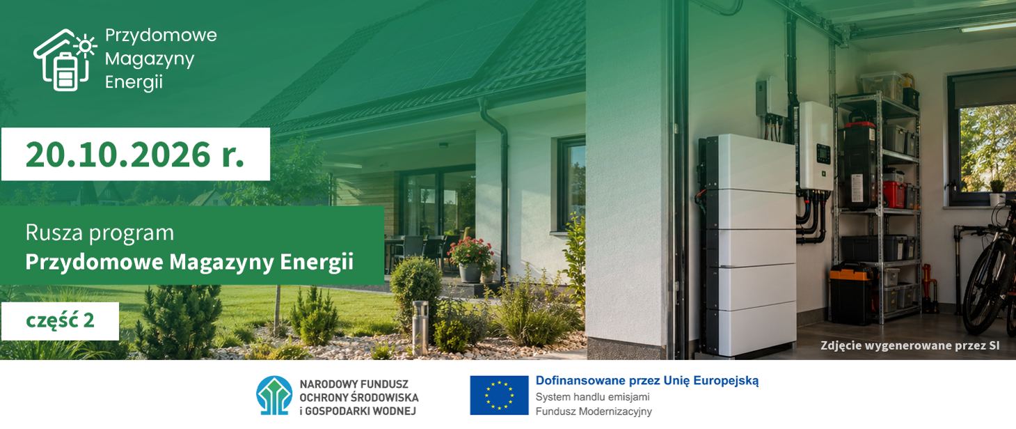 Baner informacyjny o&nbsp;programie 'Przydomowe Magazyny Energii', logo z&nbsp;baterią i&nbsp;domem, data startu 20.10.2026 r., napis 'Rusza program Przydomowe Magazyny Energii część 2', zdjęcie nowoczesnego domu z&nbsp;ogrodem zintegrowane ze zdjęciem system&oacute;w bateryjnych w&nbsp;garażu, logotypy NFOŚiGW oraz&nbsp;UE.