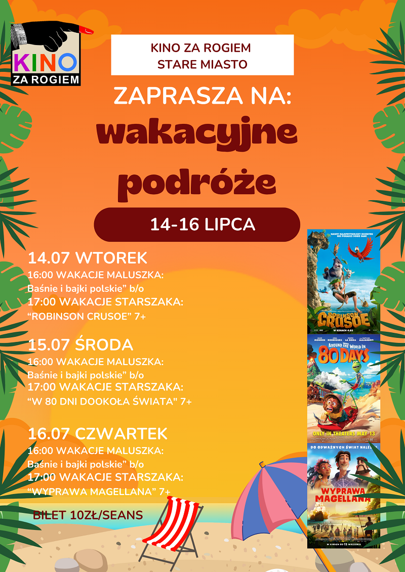 Plakat zapraszający na&nbsp;wydarzenie &bdquo;Wakacyjne podr&oacute;że&rdquo; organizowane przez Kino za Rogiem w&nbsp;Starym Mieście w&nbsp;dniach 14&ndash;16 lipca. Codziennie zaplanowano seanse dla najmłodszych o&nbsp;godz. 16:00 z&nbsp;cyklu &bdquo;Baśnie i&nbsp;bajki polskie&rdquo; oraz&nbsp;filmy dla starszych dzieci o&nbsp;godz. 17:00: &bdquo;Robinson Crusoe&rdquo;, &bdquo;W 80 dni dookoła świata&rdquo; i&nbsp;&bdquo;Wyprawa Magellana&rdquo;. Bilet na&nbsp;każdy seans kosztuje 10 zł. Grafika utrzymana jest w&nbsp;letniej, plażowej stylistyce z&nbsp;palmami, leżakiem, parasolem oraz&nbsp;plakatami film&oacute;w po prawej stronie.