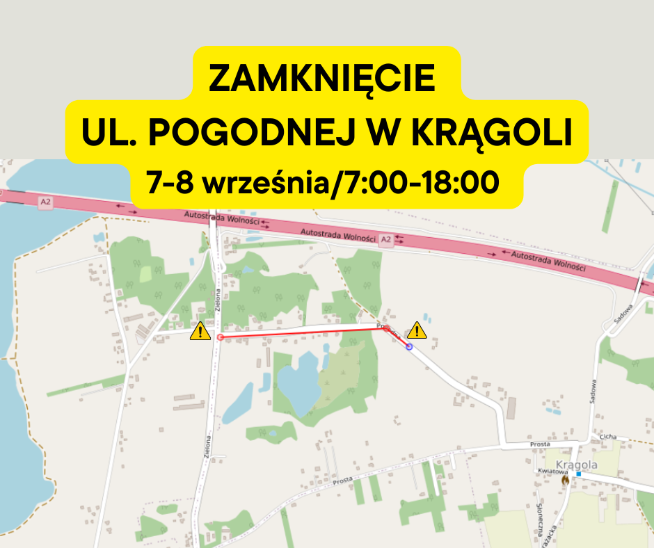 Grafika informacyjna, ż&oacute;łte pole z&nbsp;czarnym napisem &bdquo;Zamknięcie ul. Pogodnej w&nbsp;Krągoli 7&ndash;8 września/7:00&ndash;18:00&rdquo;, poniżej mapa okolicy Krągoli z&nbsp;zaznaczonym na&nbsp;czerwono zamkniętym odcinkiem ulicy Pogodnej, przy końcach zamkniętego odcinka umieszczone ż&oacute;łte tr&oacute;jkątne znaki ostrzegawcze.