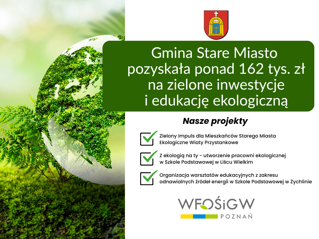 Grafika promująca ekologiczne projekty Gminy Stare Miasto. Po lewej stronie znajduje się zielona grafika przedstawiająca kulę ziemską utworzoną z&nbsp;roślinności na&nbsp;tle liści i&nbsp;zieleni. Po prawej stronie, na&nbsp;białym tle, umieszczono herb Gminy Stare Miasto oraz&nbsp;zielony panel z&nbsp;napisem: &bdquo;Gmina Stare Miasto pozyskała ponad 162 tys. zł na&nbsp;zielone inwestycje i&nbsp;edukację ekologiczną&rdquo;. Poniżej znajduje się lista trzech projekt&oacute;w oznaczonych zielonymi znacznikami: budowa ekologicznych wiat przystankowych, utworzenie pracowni ekologicznej w&nbsp;Szkole Podstawowej w&nbsp;Liścu Wielkim oraz&nbsp;organizacja warsztat&oacute;w z&nbsp;zakresu odnawialnych źr&oacute;deł energii w&nbsp;Szkole Podstawowej w&nbsp;Żychlinie. Na dole widoczne jest logo Wojew&oacute;dzkiego Funduszu Ochrony Środowiska i&nbsp;Gospodarki Wodnej w&nbsp;Poznaniu.