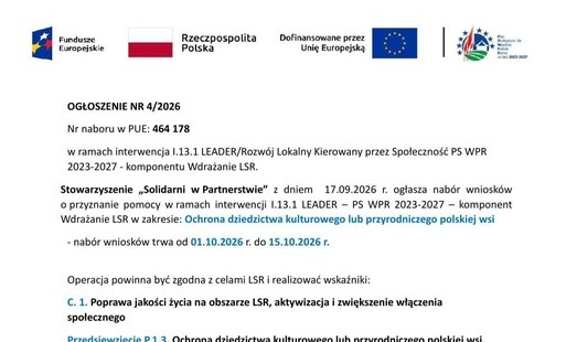 Stowarzyszenie Solidarni w Partnerstwie ogłasza nabór wniosków 